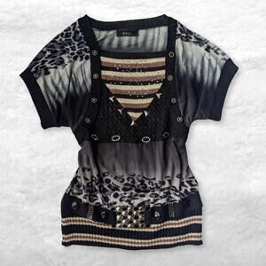etc. embellished leopard print layered blouse - y2k whimsigoth grunge